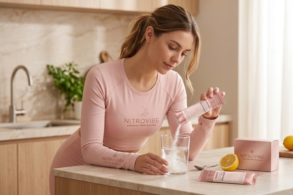 Pouring a Nitrovibe stick pack into a glass of water